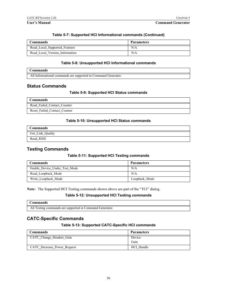 Status commands, Testing commands, Catc-specific commands | Teledyne LeCroy BTTracer_Trainer - BTTrainer Users Manual User Manual | Page 68 / 336