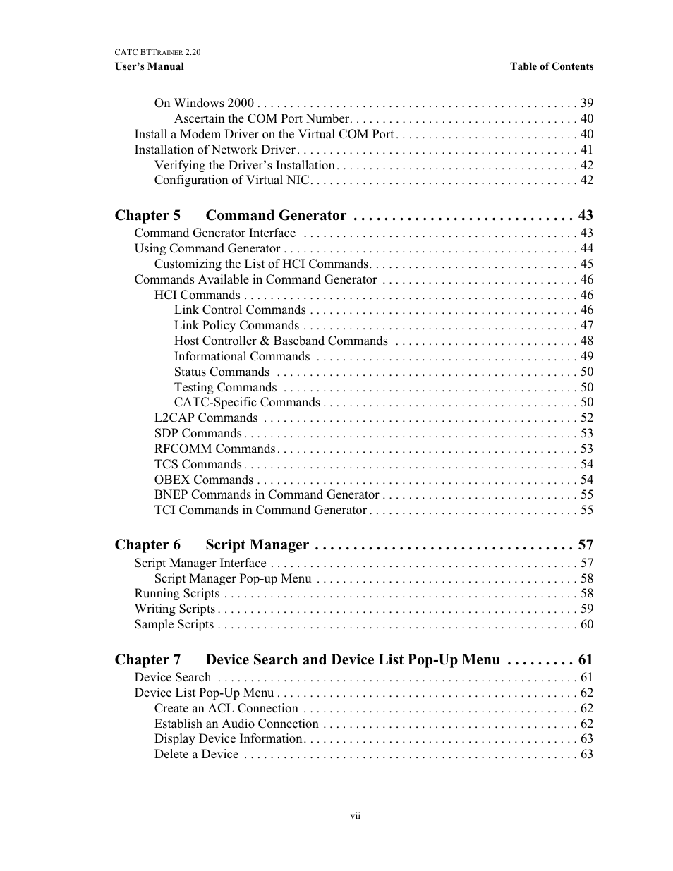 Chapter 5 command generator, Chapter 6 script manager | Teledyne LeCroy BTTracer_Trainer - BTTrainer Users Manual User Manual | Page 7 / 336