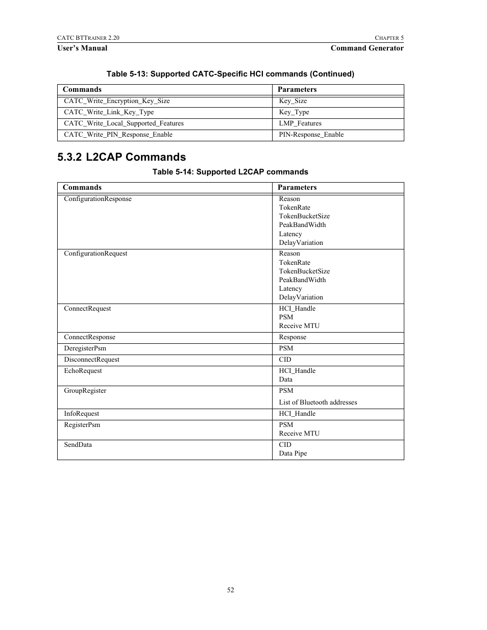 2 l2cap commands, L2cap commands | Teledyne LeCroy BTTracer_Trainer - BTTrainer Users Manual User Manual | Page 70 / 336