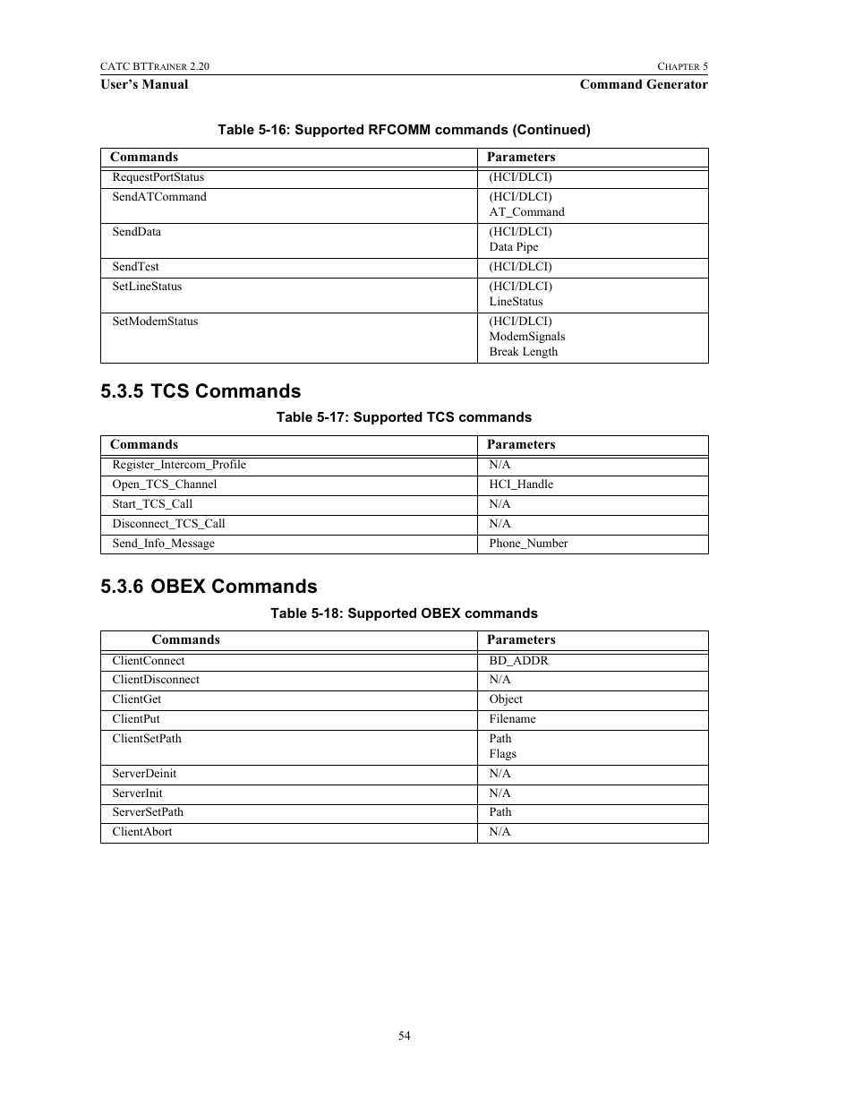 5 tcs commands, 6 obex commands, Tcs commands obex commands | Teledyne LeCroy BTTracer_Trainer - BTTrainer Users Manual User Manual | Page 72 / 336