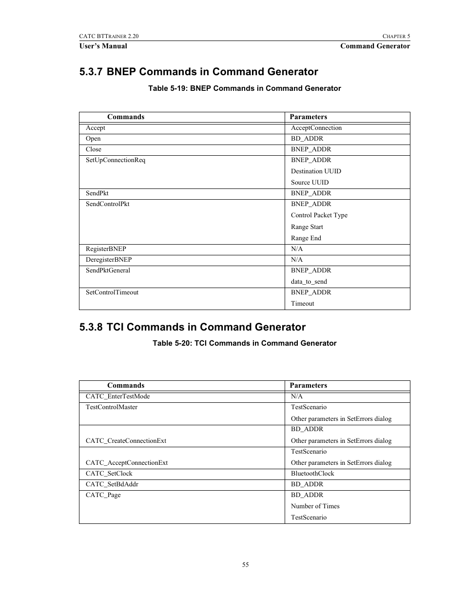 7 bnep commands in command generator, 8 tci commands in command generator | Teledyne LeCroy BTTracer_Trainer - BTTrainer Users Manual User Manual | Page 73 / 336