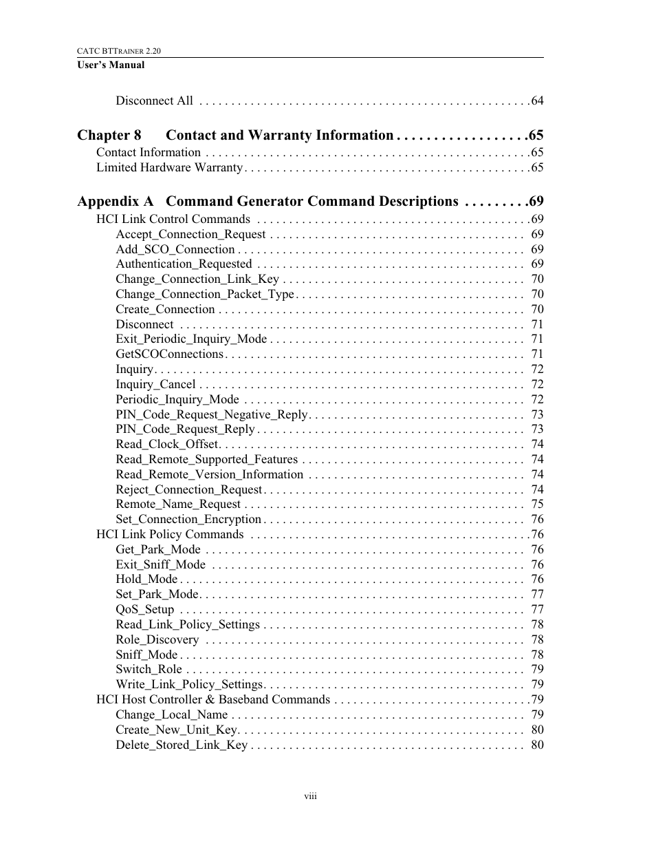 Chapter 8 contact and warranty information, Appendix a command generator command descriptions | Teledyne LeCroy BTTracer_Trainer - BTTrainer Users Manual User Manual | Page 8 / 336