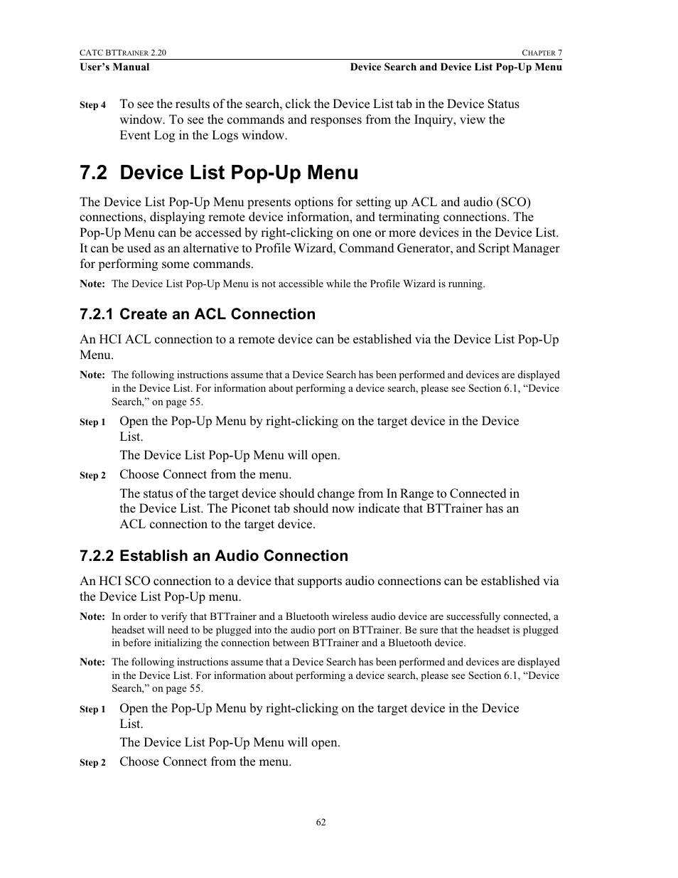 2 device list pop-up menu, 1 create an acl connection, 2 establish an audio connection | Device list pop-up menu | Teledyne LeCroy BTTracer_Trainer - BTTrainer Users Manual User Manual | Page 80 / 336
