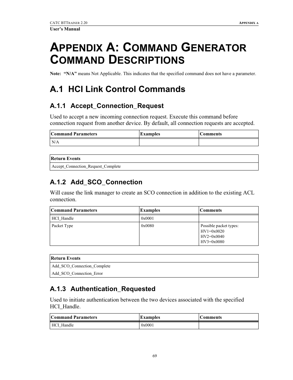 Appendix a: command generator command descriptions, A.1 hci link control commands, A.1.1 accept_connection_request | A.1.2 add_sco_connection, A.1.3 authentication_requested, Appendix a command generator command descriptions, Hci link control commands, A: c, Ppendix, Ommand | Teledyne LeCroy BTTracer_Trainer - BTTrainer Users Manual User Manual | Page 87 / 336