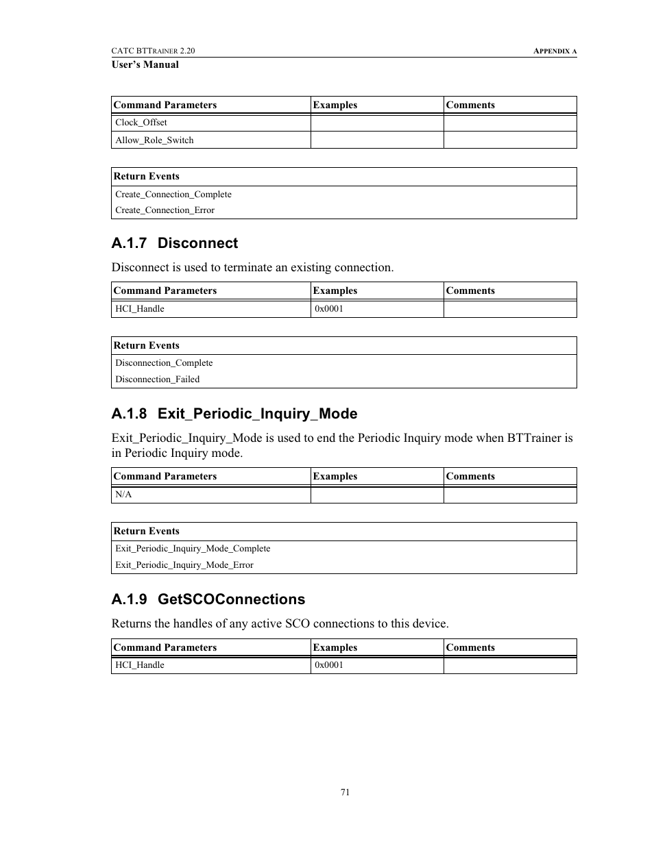 A.1.7 disconnect, A.1.8 exit_periodic_inquiry_mode, A.1.9 getscoconnections | Teledyne LeCroy BTTracer_Trainer - BTTrainer Users Manual User Manual | Page 89 / 336