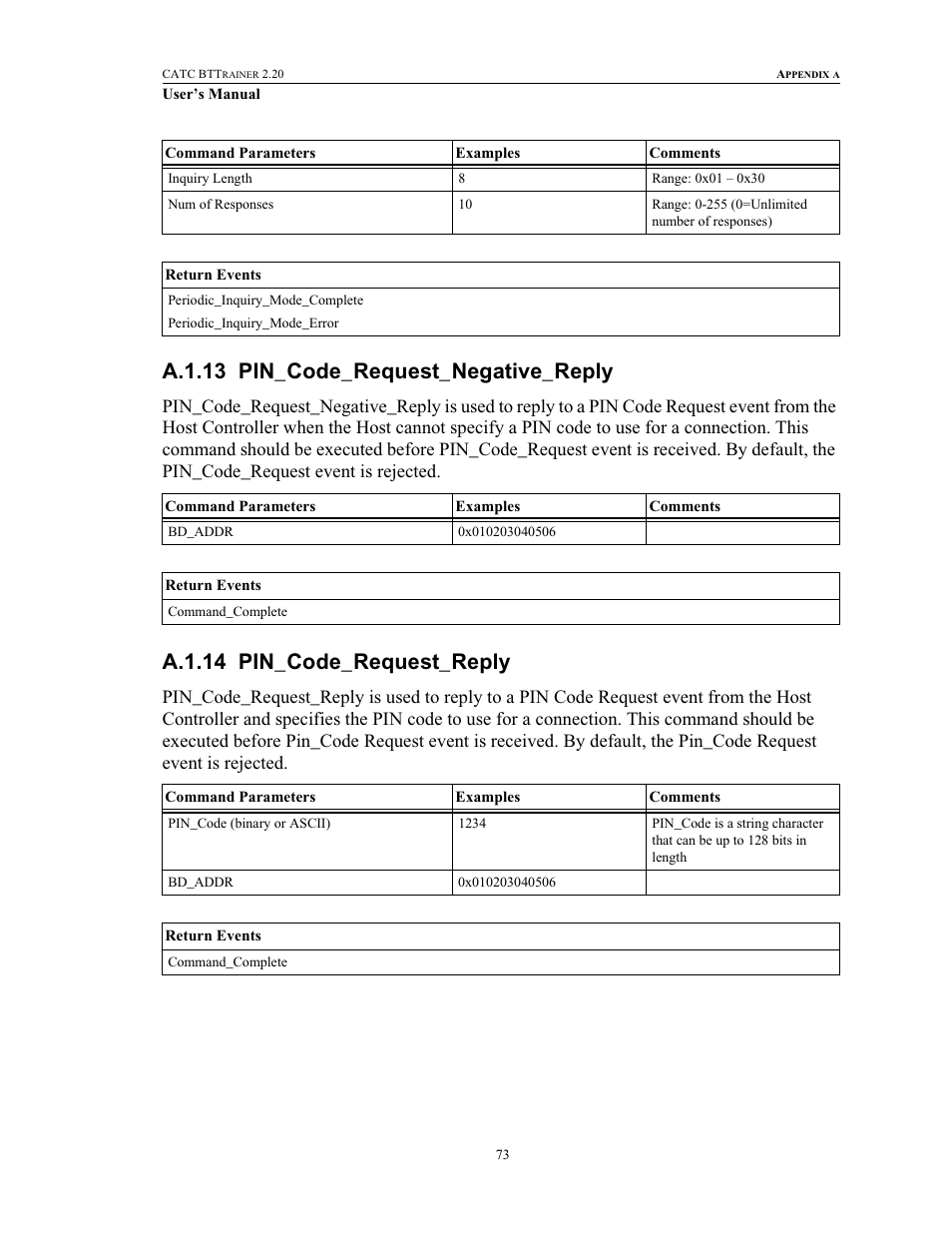 A.1.13 pin_code_request_negative_reply, A.1.14 pin_code_request_reply | Teledyne LeCroy BTTracer_Trainer - BTTrainer Users Manual User Manual | Page 91 / 336