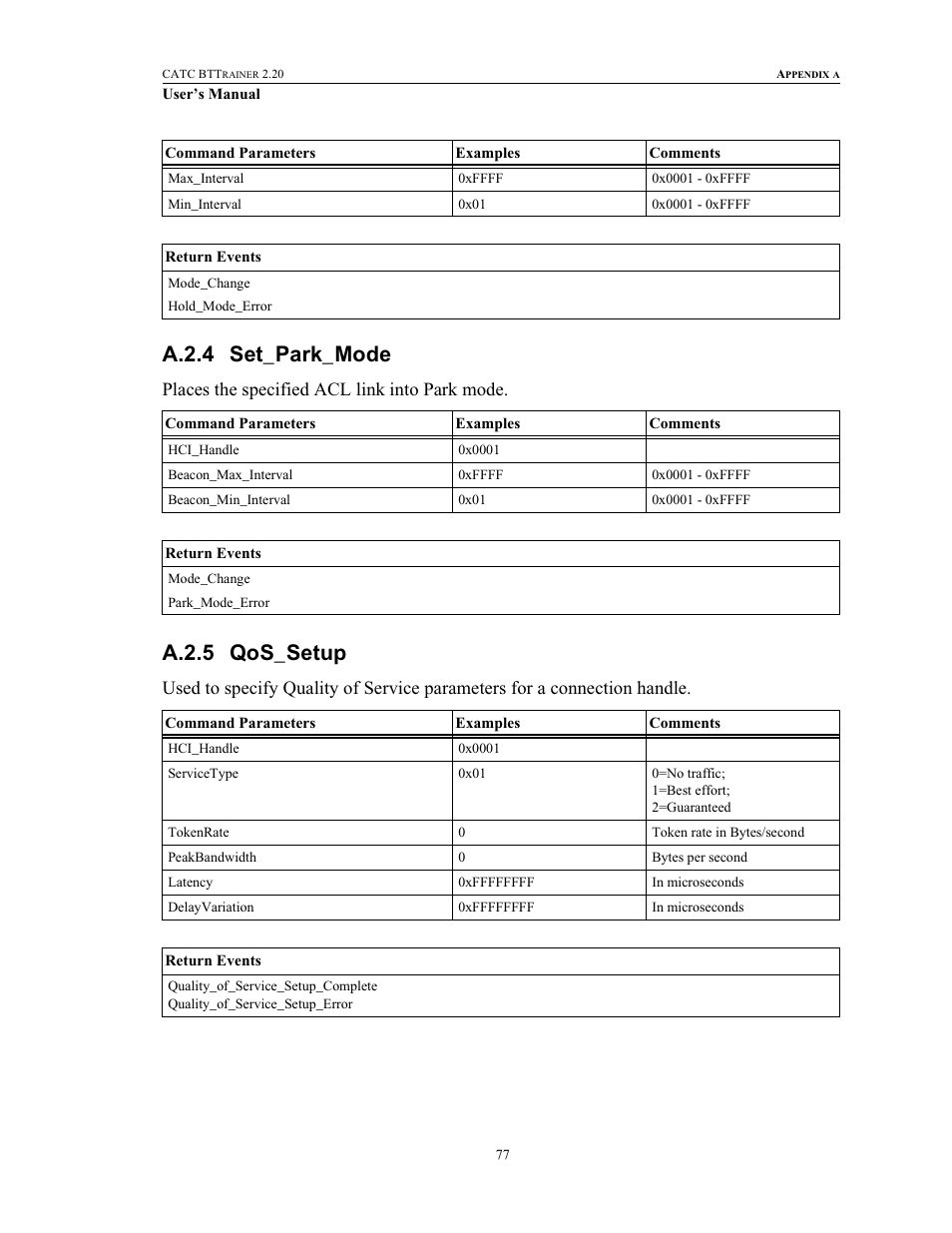 A.2.4 set_park_mode, A.2.5 qos_setup, Set_park_mode qos_setup | Places the specified acl link into park mode | Teledyne LeCroy BTTracer_Trainer - BTTrainer Users Manual User Manual | Page 95 / 336