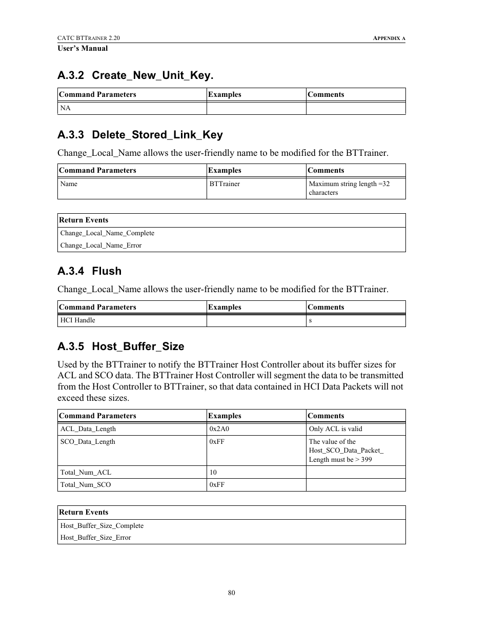 A.3.2 create_new_unit_key, A.3.3 delete_stored_link_key, A.3.4 flush | A.3.5 host_buffer_size, Create_new_unit_key delete_stored_link_key, Flush host_buffer_size | Teledyne LeCroy BTTracer_Trainer - BTTrainer Users Manual User Manual | Page 98 / 336