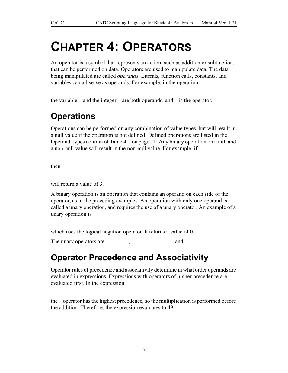 Chapter 4: operators, Operations, Operator precedence and associativity | 4 operators, Operations operator precedence and associativity, Hapter, Perators | Teledyne LeCroy Merlins Wand - CSL manual (CATC Scripting Language Manual) User Manual | Page 15 / 78