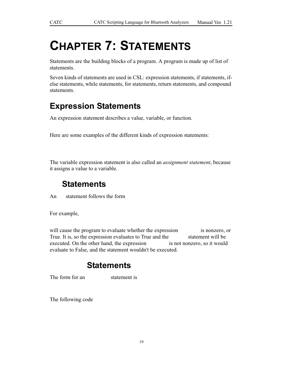 Chapter 7: statements, Expression statements, If statements | If-else statements, 7 statements, Hapter, Tatements | Teledyne LeCroy Merlins Wand - CSL manual (CATC Scripting Language Manual) User Manual | Page 25 / 78