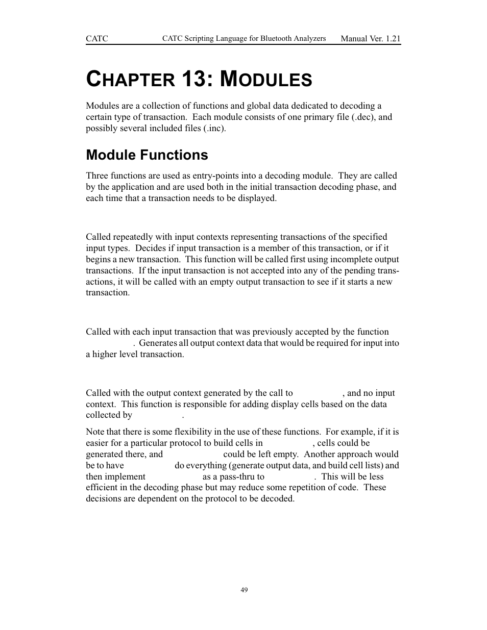 Chapter 13: modules, Module functions, Processdata() | Collectdata(), Buildcelllist(), 13 modules, Processdata() collectdata() buildcelllist(), Hapter, Odules | Teledyne LeCroy Merlins Wand - CSL manual (CATC Scripting Language Manual) User Manual | Page 55 / 78