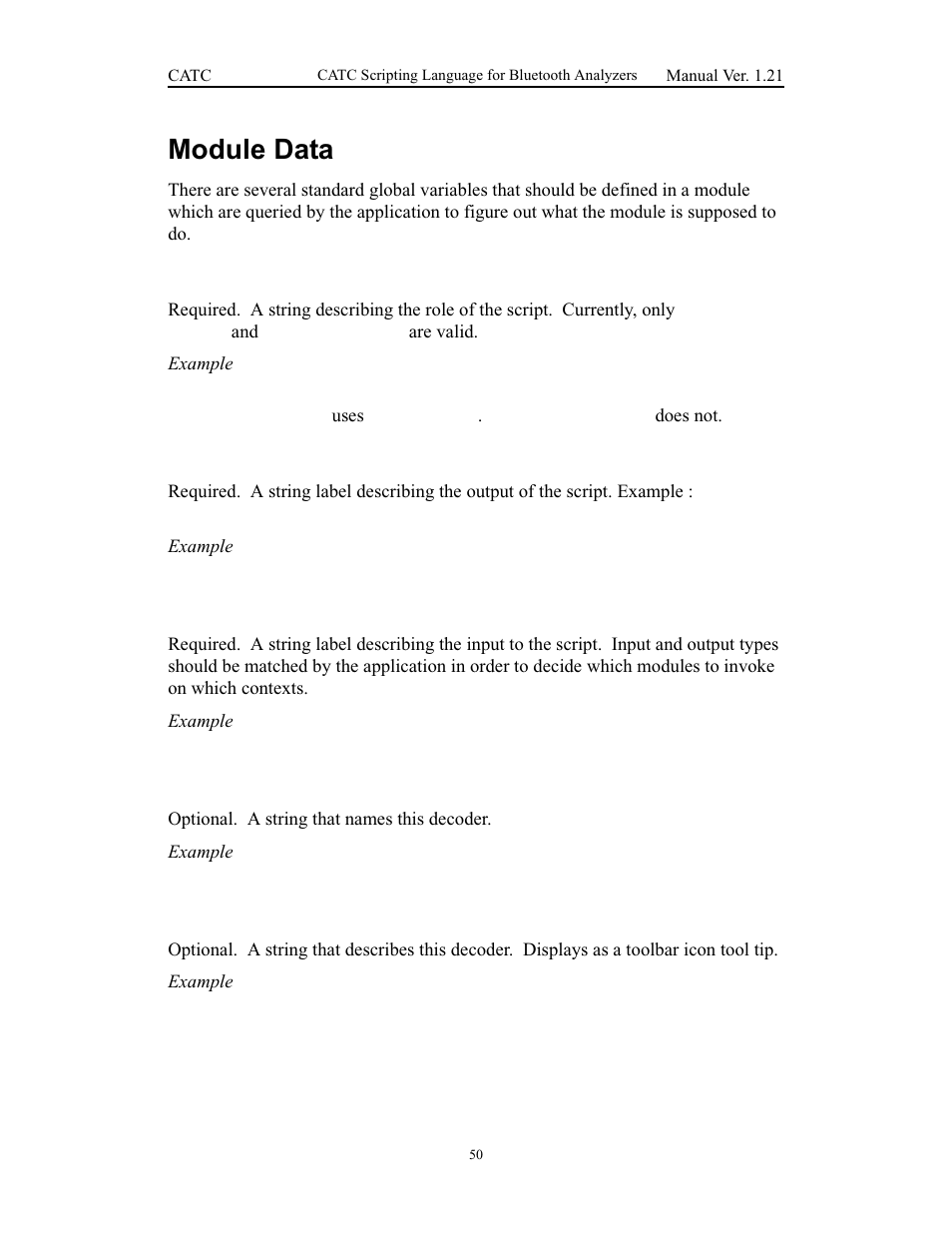 Module data, Moduletype, Outputtype | Inputtype, Levelname, Decoderdesc | Teledyne LeCroy Merlins Wand - CSL manual (CATC Scripting Language Manual) User Manual | Page 56 / 78