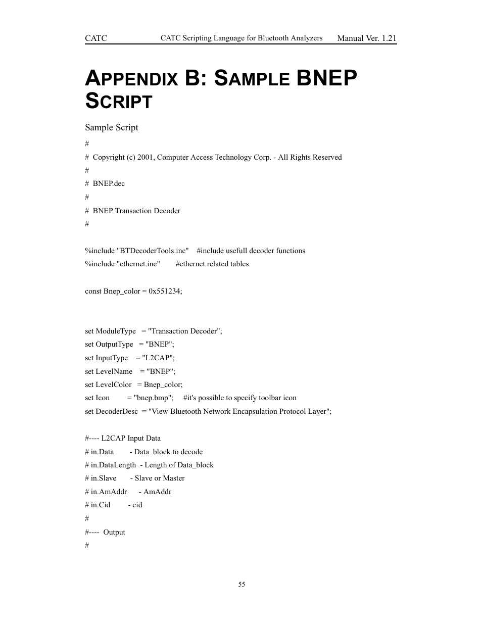 Appendix b: sample bnep script, B: s, Bnep s | Ppendix, Ample, Cript | Teledyne LeCroy Merlins Wand - CSL manual (CATC Scripting Language Manual) User Manual | Page 61 / 78