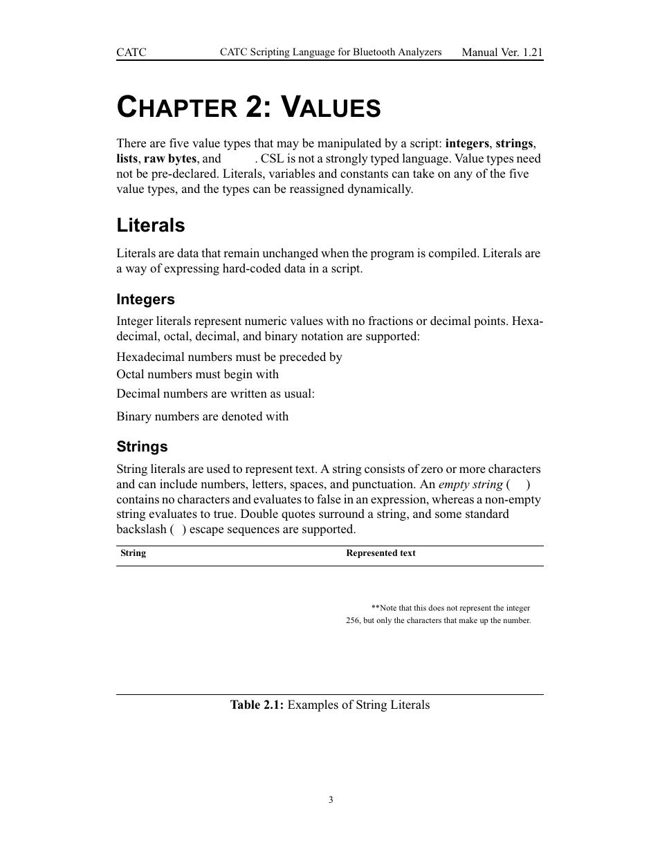 Chapter 2: values, Literals, Integers | Strings, 2 values, Integers strings, Hapter, Alues | Teledyne LeCroy Merlins Wand - CSL manual (CATC Scripting Language Manual) User Manual | Page 9 / 78