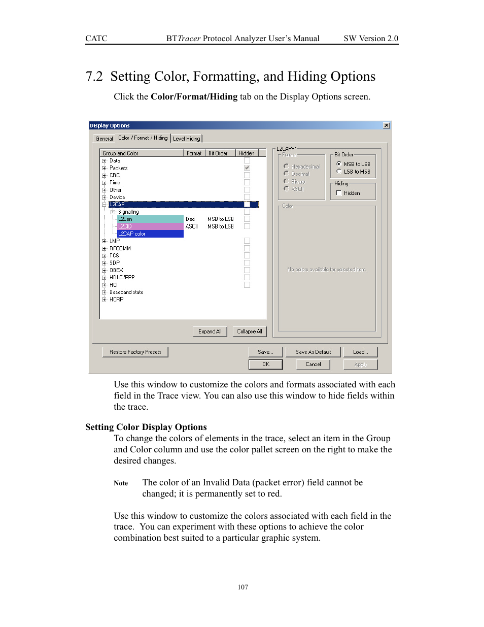 2 setting color, formatting, and hiding options, Setting color display options, Setting color, formatting, and hiding options | Teledyne LeCroy Merlin - Users Manual User Manual | Page 115 / 180