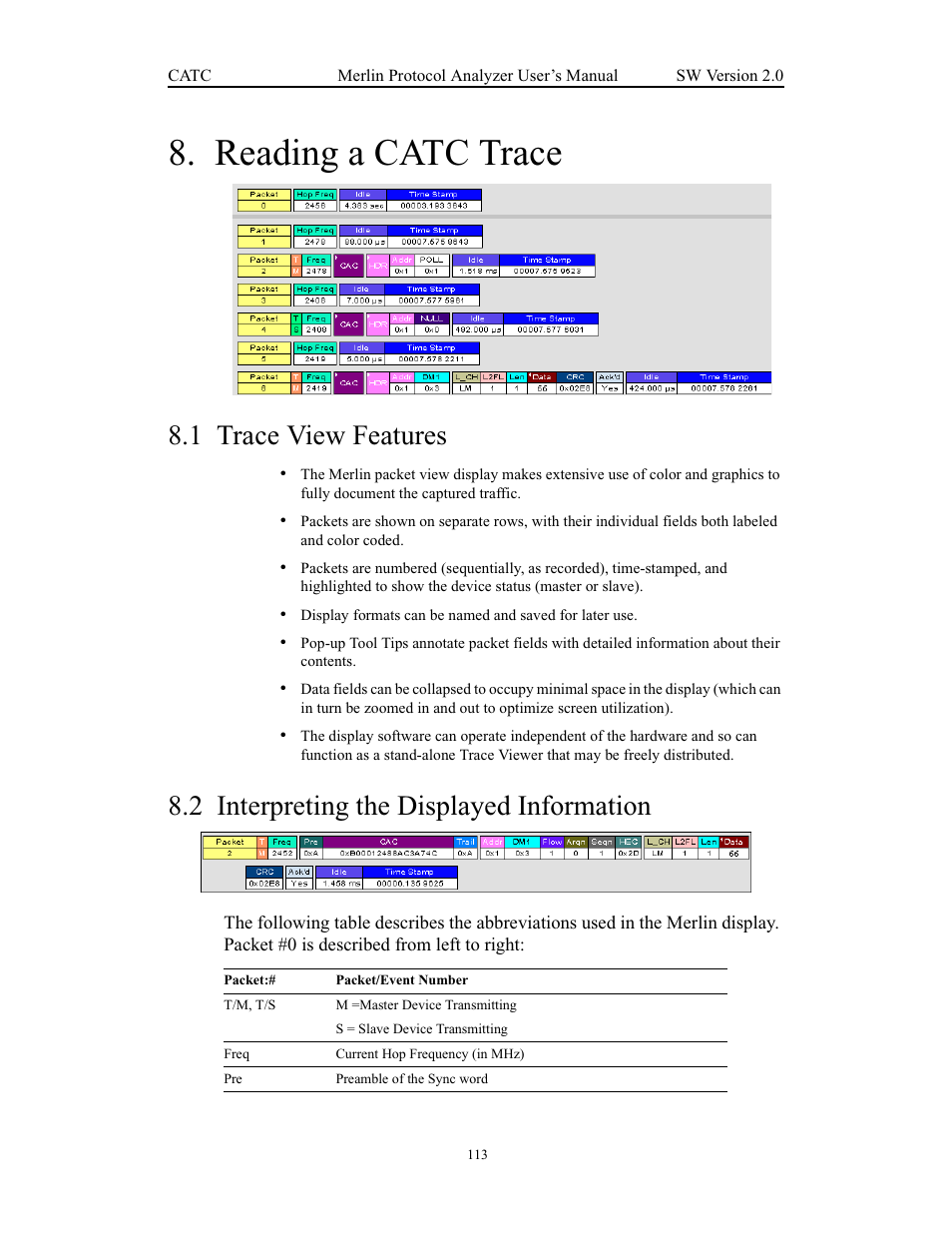 Reading a catc trace, 1 trace view features, 2 interpreting the displayed information | Chapter 8 reading a catc trace | Teledyne LeCroy Merlin - Users Manual User Manual | Page 121 / 180
