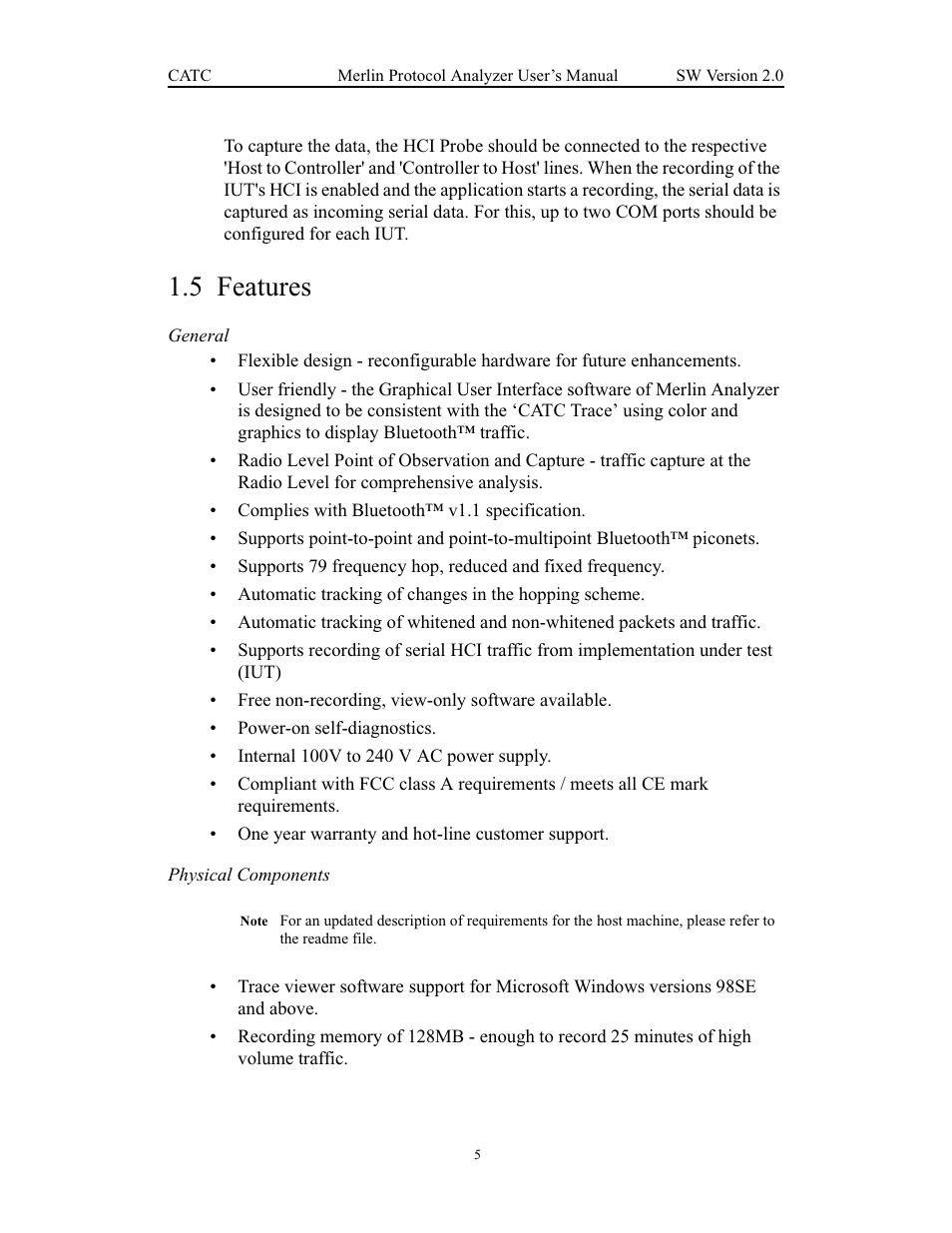 5 features, General, Physical components | Features, General physical components | Teledyne LeCroy Merlin - Users Manual User Manual | Page 13 / 180