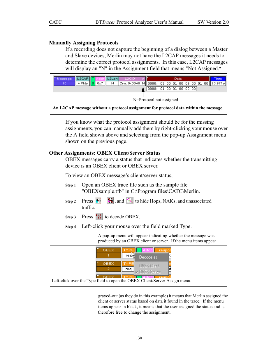 Manually assigning protocols, Other assignments: obex client/server status | Teledyne LeCroy Merlin - Users Manual User Manual | Page 138 / 180