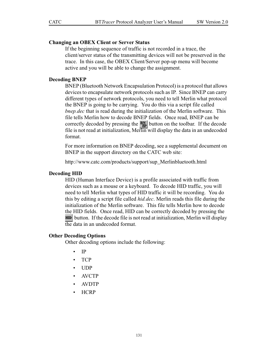 Changing an obex client or server status, Decoding bnep, Decoding hid | Other decoding options | Teledyne LeCroy Merlin - Users Manual User Manual | Page 139 / 180
