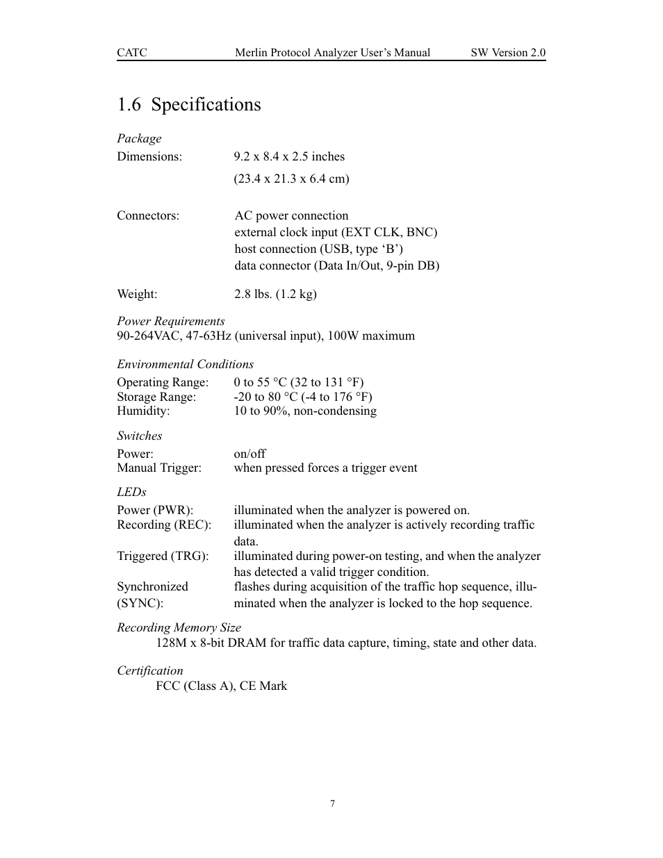 6 specifications, Package, Power requirements | Environmental conditions, Switches, Leds, Recording memory size, Certification, Specifications | Teledyne LeCroy Merlin - Users Manual User Manual | Page 15 / 180