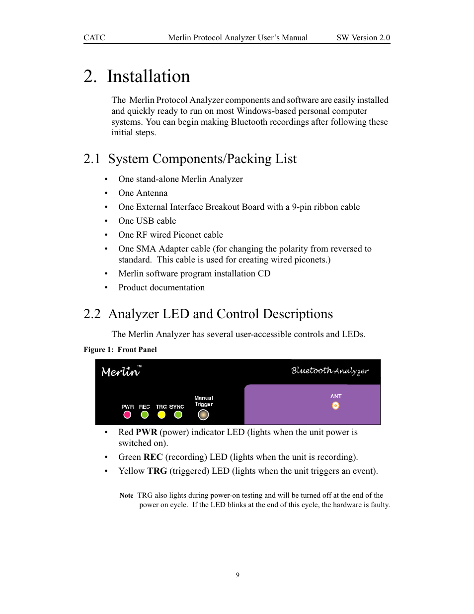 Installation, 1 system components/packing list, 2 analyzer led and control descriptions | Chapter 2 installation | Teledyne LeCroy Merlin - Users Manual User Manual | Page 17 / 180