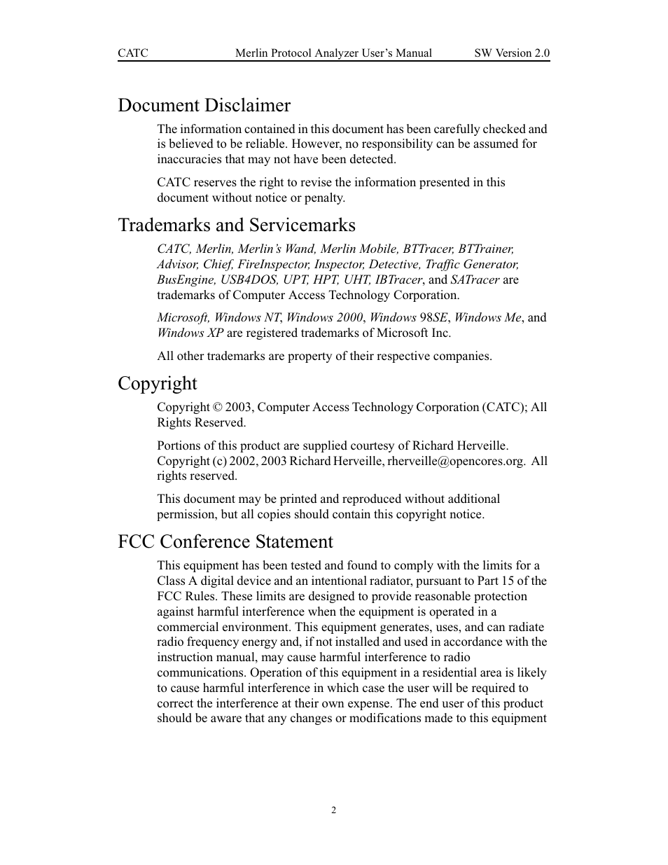 Document disclaimer, Trademarks and servicemarks, Copyright | Fcc conference statement | Teledyne LeCroy Merlin - Users Manual User Manual | Page 2 / 180