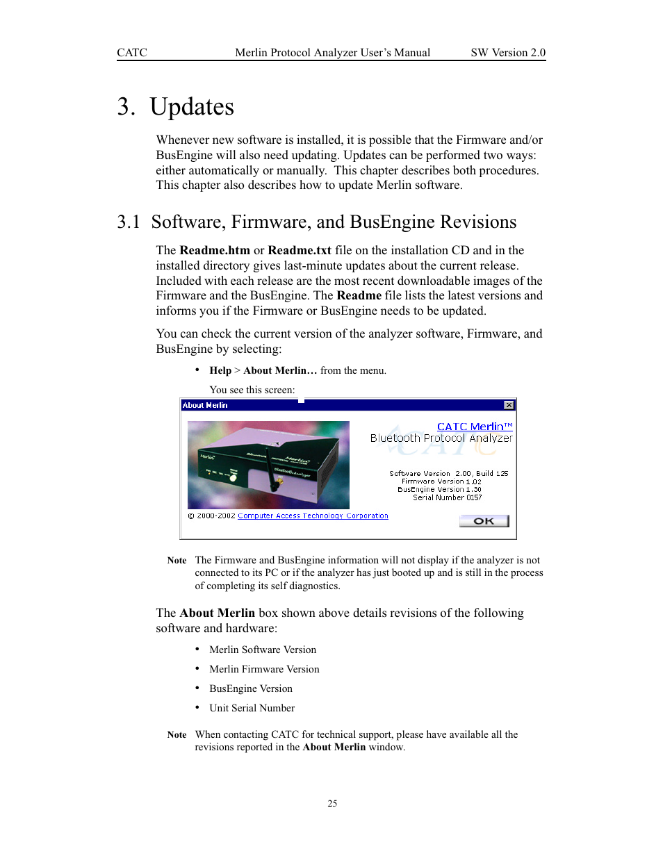 Updates, 1 software, firmware, and busengine revisions, Chapter 3 updates | Software, firmware, and busengine revisions | Teledyne LeCroy Merlin - Users Manual User Manual | Page 33 / 180