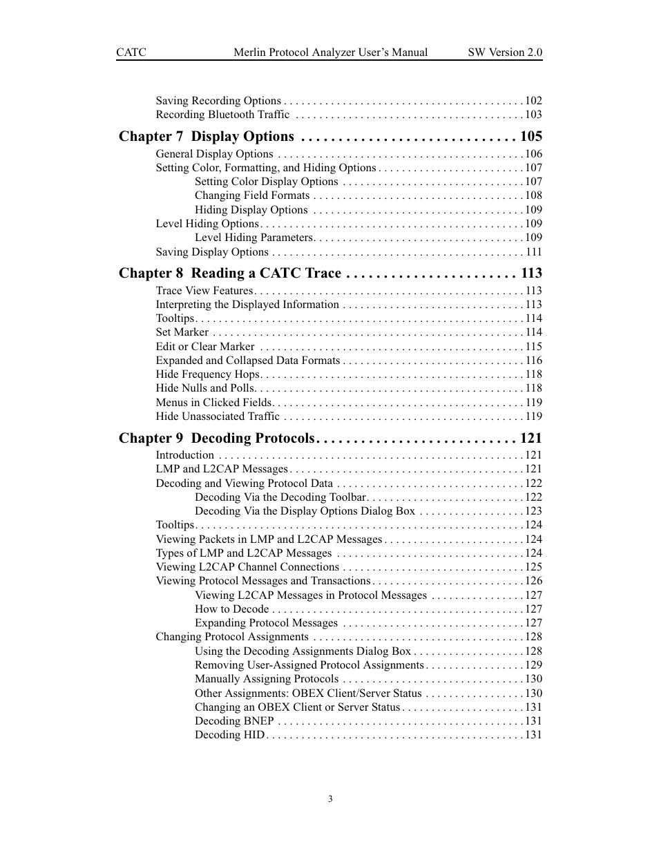 Chapter 7 display options, Chapter 8 reading a catc trace, Chapter 9 decoding protocols | Teledyne LeCroy Merlin - Users Manual User Manual | Page 7 / 180