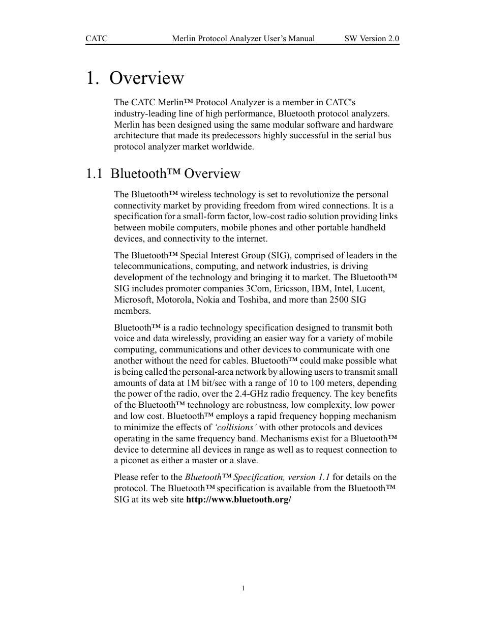 Overview, 1 bluetooth™ overview, Chapter 1 overview | Bluetooth™ overview | Teledyne LeCroy Merlin - Users Manual User Manual | Page 9 / 180