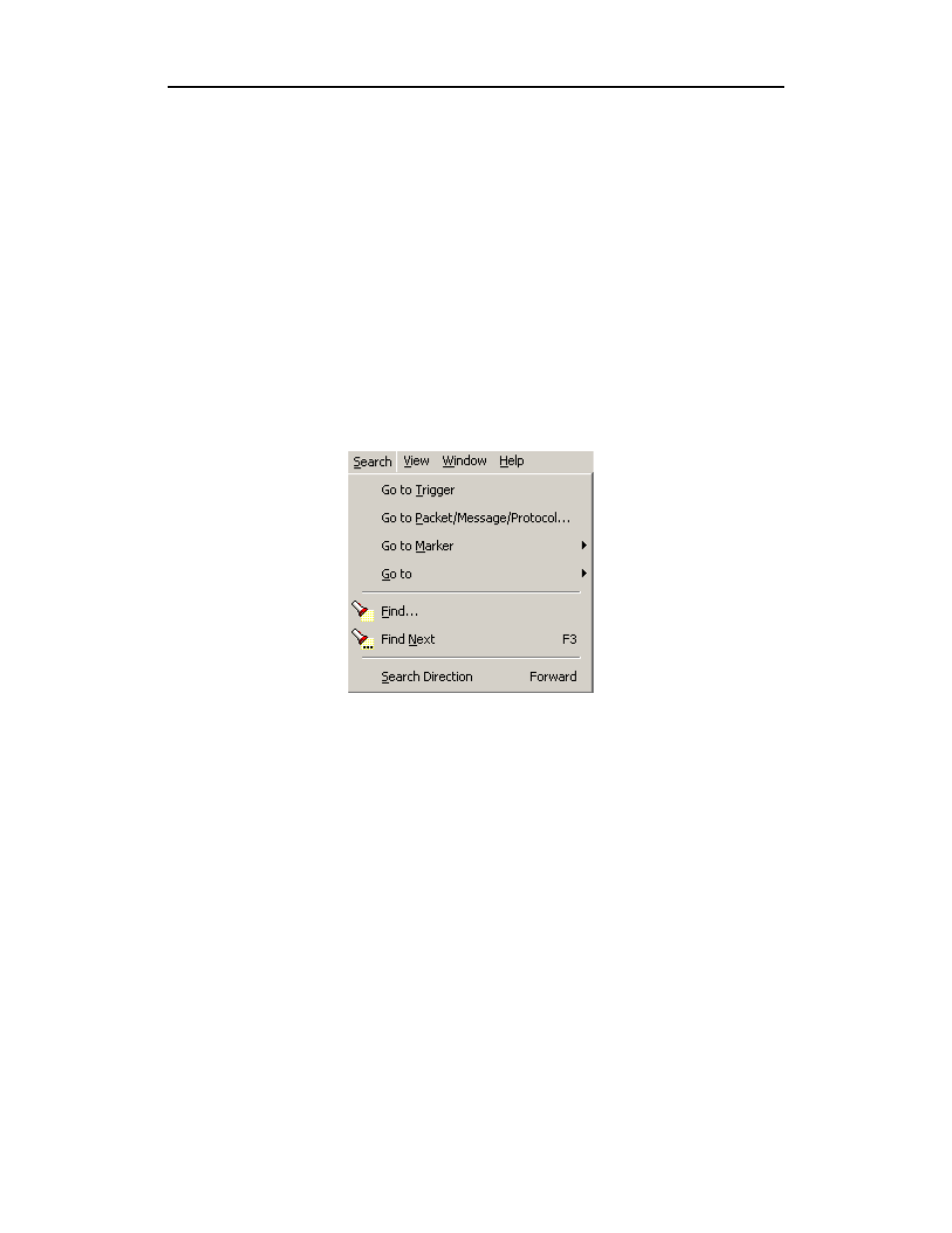 Searching traces, 1 search menu, Go to trigger | Go to packet/message/protocol, Chapter 9 searching traces, Search menu, Go to trigger go to packet/message/protocol | Teledyne LeCroy Merlin II - Users Manual User Manual | Page 125 / 204