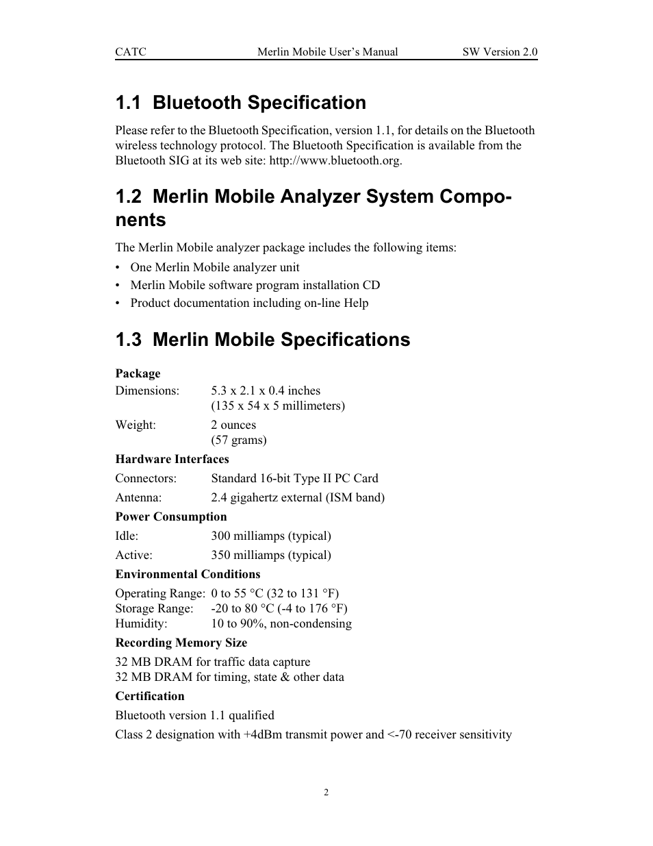 1 bluetooth specification, 2 merlin mobile analyzer system components, 3 merlin mobile specifications | 2 merlin mobile analyzer system compo- nents | Teledyne LeCroy Merlin Mobile - Users Manual User Manual | Page 10 / 172