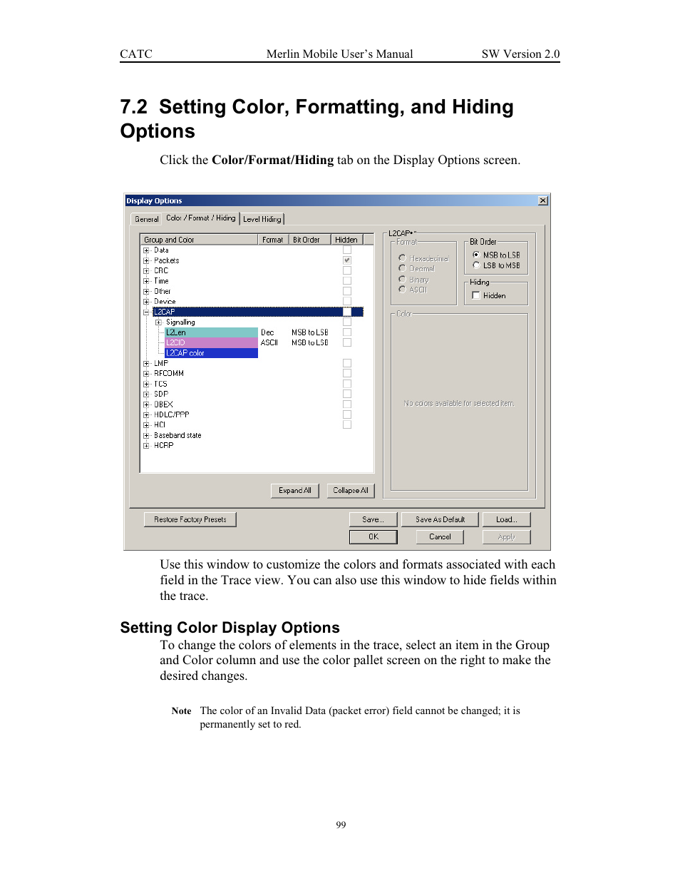 2 setting color, formatting, and hiding options, Setting color display options, Setting color, formatting, and hiding options | Teledyne LeCroy Merlin Mobile - Users Manual User Manual | Page 107 / 172