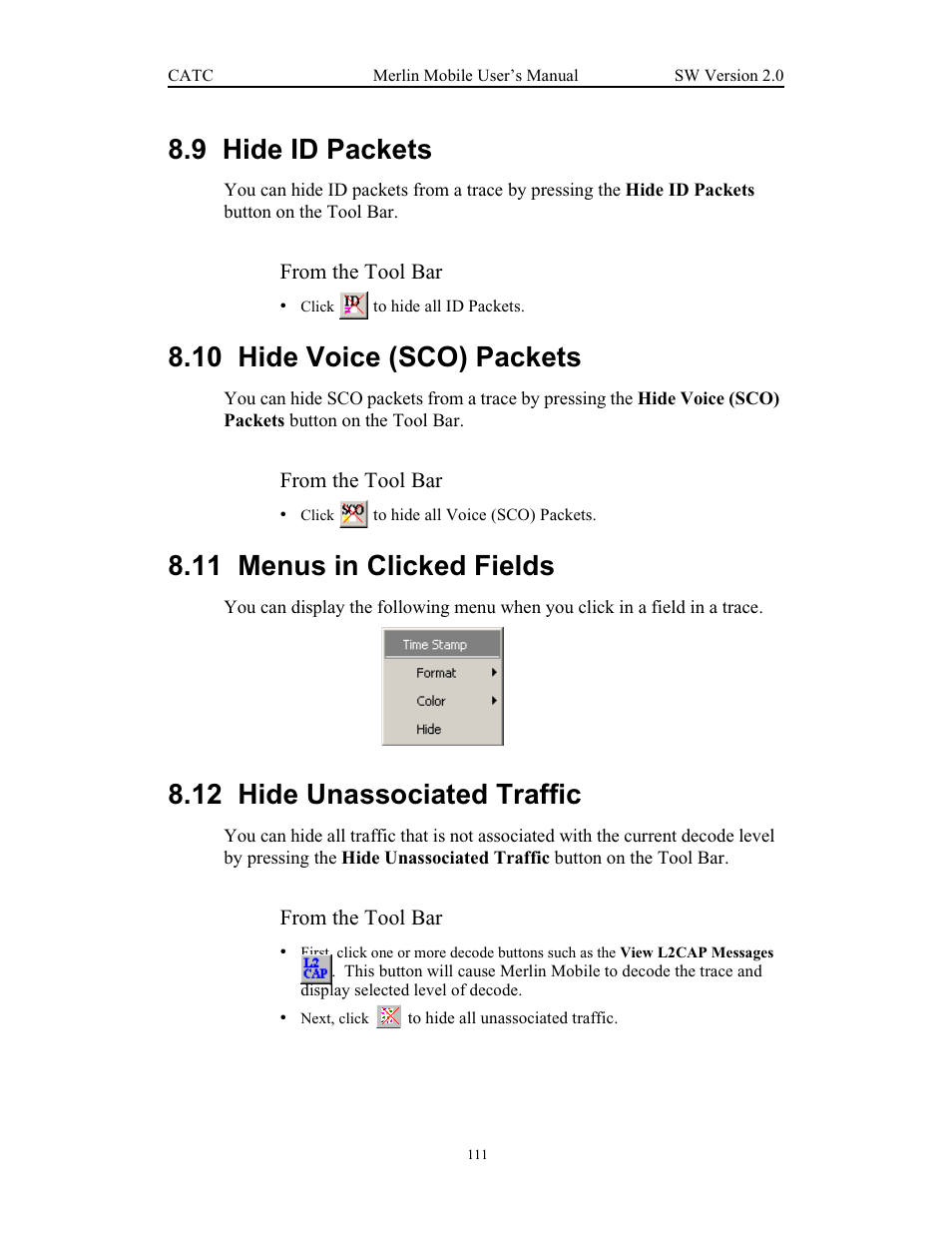 9 hide id packets, 10 hide voice (sco) packets, 11 menus in clicked fields | 12 hide unassociated traffic | Teledyne LeCroy Merlin Mobile - Users Manual User Manual | Page 119 / 172