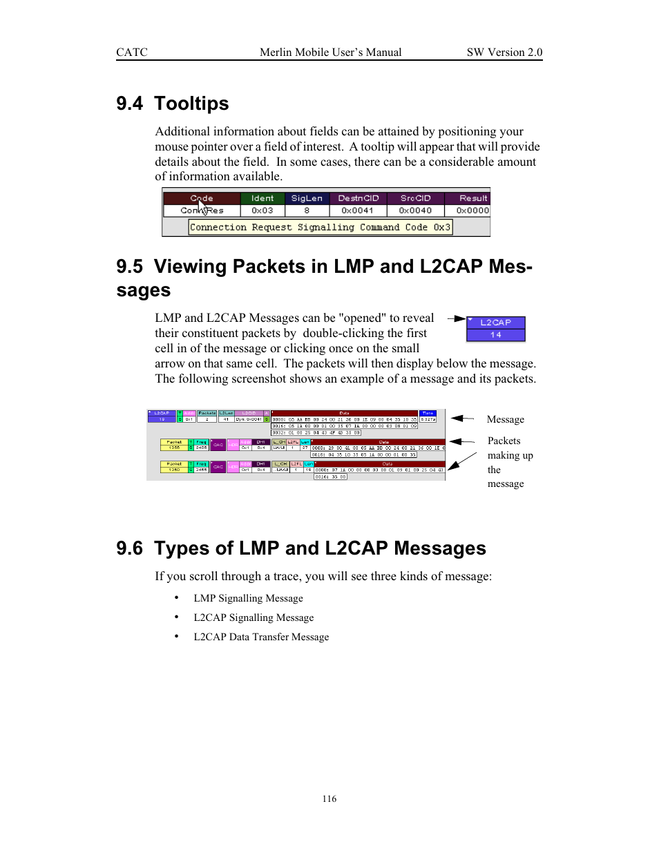 4 tooltips, 5 viewing packets in lmp and l2cap messages, 6 types of lmp and l2cap messages | 5 viewing packets in lmp and l2cap mes- sages | Teledyne LeCroy Merlin Mobile - Users Manual User Manual | Page 124 / 172