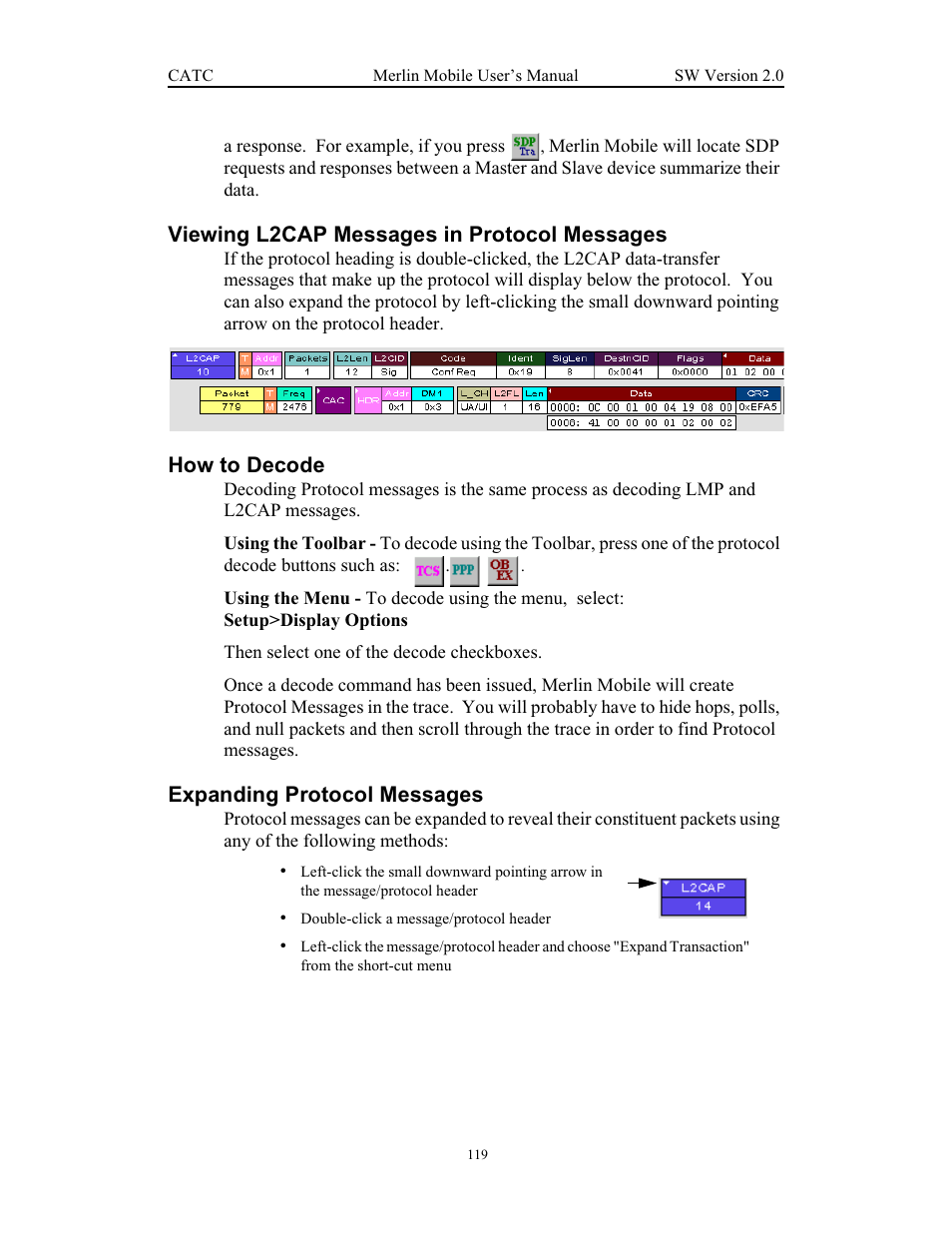 Viewing l2cap messages in protocol messages, How to decode, Expanding protocol messages | Teledyne LeCroy Merlin Mobile - Users Manual User Manual | Page 127 / 172