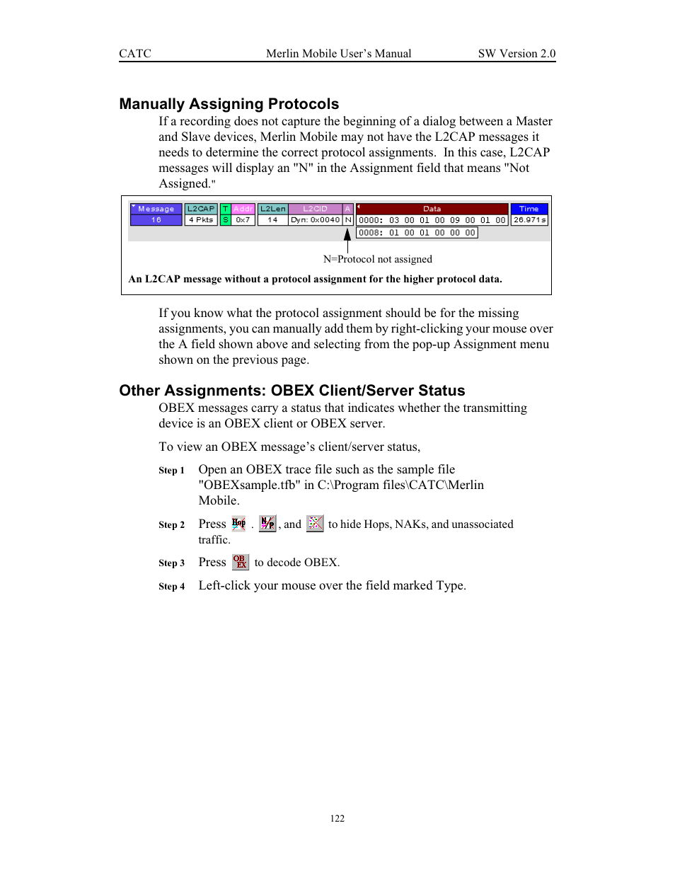 Manually assigning protocols, Other assignments: obex client/server status | Teledyne LeCroy Merlin Mobile - Users Manual User Manual | Page 130 / 172