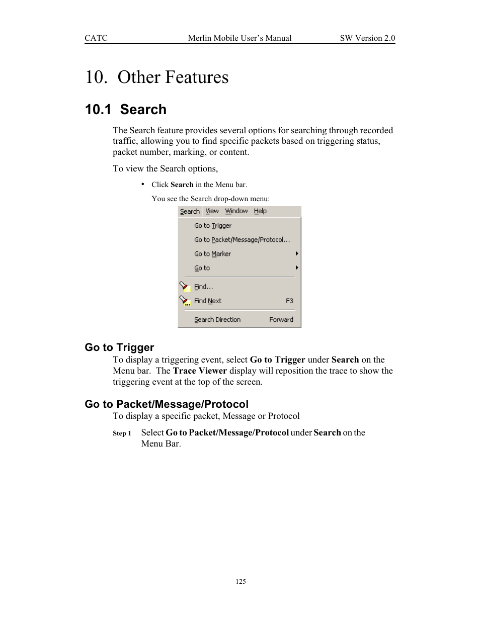 Other features, 1 search, Go to trigger | Go to packet/message/protocol, Chapter 9 other features, Search, Go to trigger go to packet/message/protocol | Teledyne LeCroy Merlin Mobile - Users Manual User Manual | Page 133 / 172