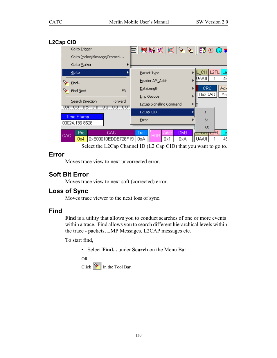 Error, Soft bit error, Loss of sync | Find, Error soft bit error loss of sync find | Teledyne LeCroy Merlin Mobile - Users Manual User Manual | Page 138 / 172