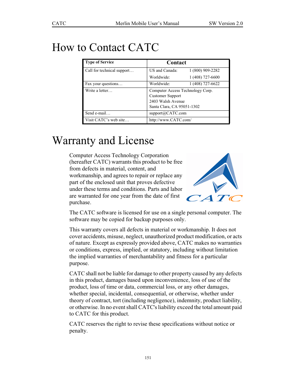 How to contact catc, Warranty and license, Chapter 10 how to contact catc | Chapter 11 warranty and license, How to contact catc warranty and license | Teledyne LeCroy Merlin Mobile - Users Manual User Manual | Page 159 / 172