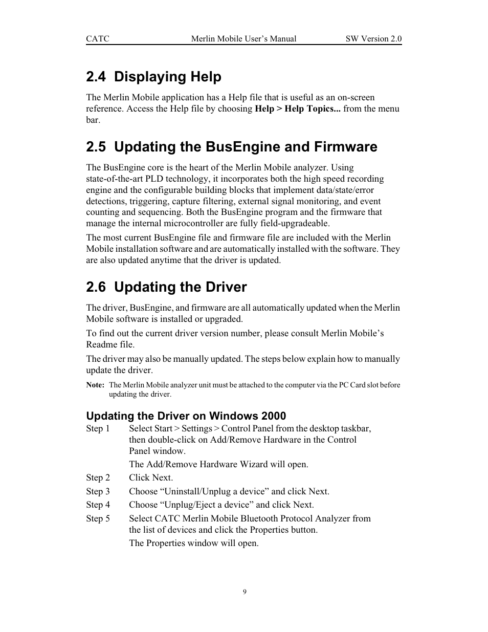 4 displaying help, 5 updating the busengine and firmware, 6 updating the driver | Updating the driver on windows 2000 | Teledyne LeCroy Merlin Mobile - Users Manual User Manual | Page 17 / 172