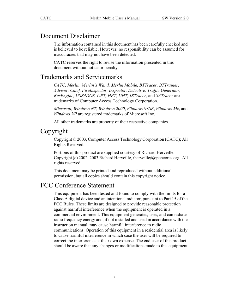 Document disclaimer, Trademarks and servicemarks, Copyright | Fcc conference statement | Teledyne LeCroy Merlin Mobile - Users Manual User Manual | Page 2 / 172