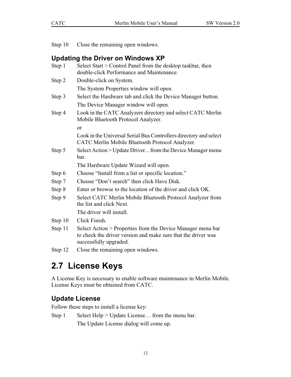 Updating the driver on windows xp, 7 license keys, Update license | License keys | Teledyne LeCroy Merlin Mobile - Users Manual User Manual | Page 20 / 172