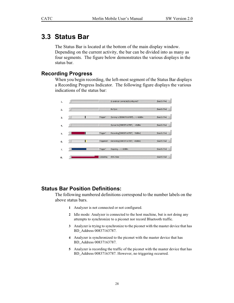 3 status bar, Recording progress, Status bar position definitions | Status bar, Recording progress status bar position definitions | Teledyne LeCroy Merlin Mobile - Users Manual User Manual | Page 36 / 172