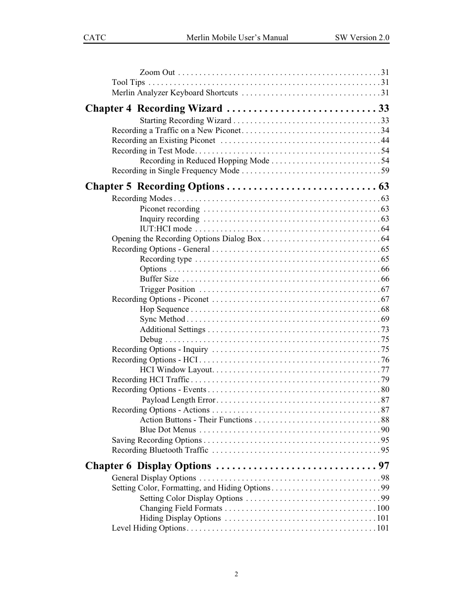 Chapter 4 recording wizard, Chapter 5 recording options, Chapter 6 display options | Teledyne LeCroy Merlin Mobile - Users Manual User Manual | Page 6 / 172