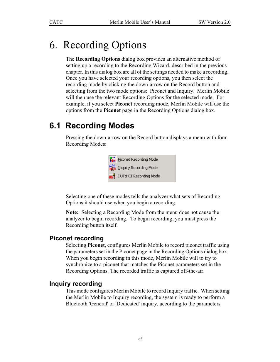 Recording options, 1 recording modes, Piconet recording | Inquiry recording, Chapter 5 recording options, Recording modes, Piconet recording inquiry recording | Teledyne LeCroy Merlin Mobile - Users Manual User Manual | Page 71 / 172