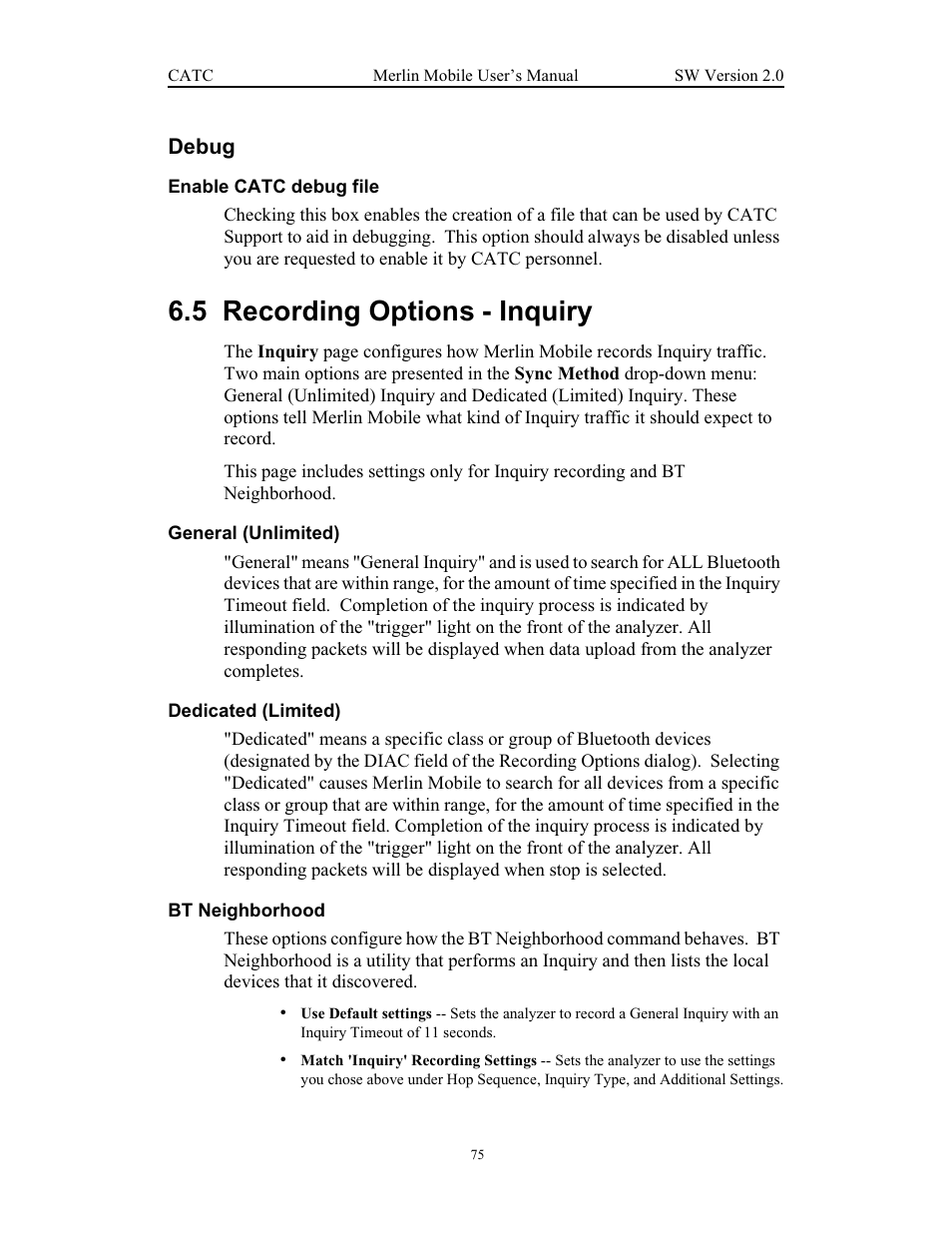 Debug, 5 recording options - inquiry, Recording options - inquiry | Teledyne LeCroy Merlin Mobile - Users Manual User Manual | Page 83 / 172