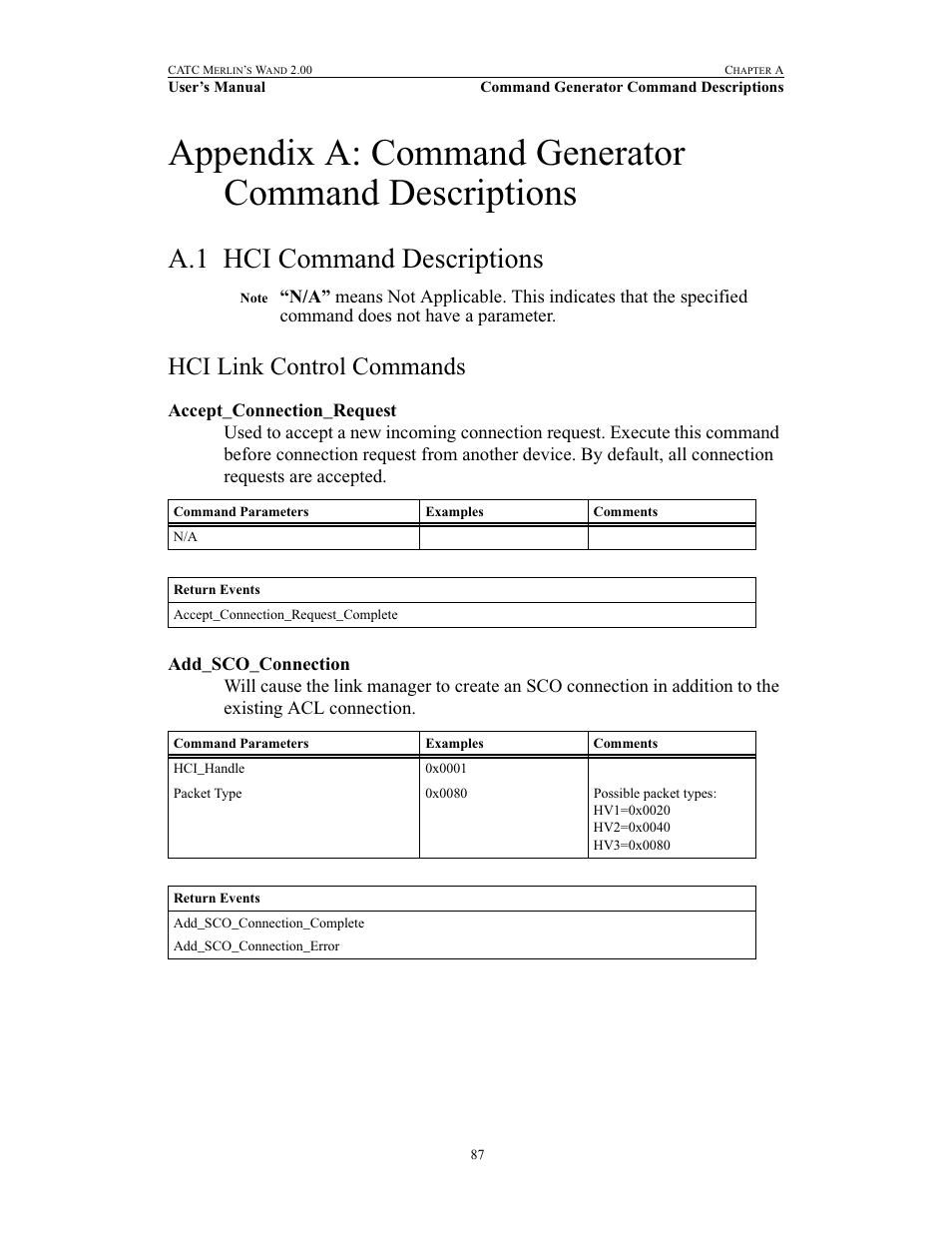 Appendix a: command generator command descriptions, A.1 hci command descriptions, Hci link control commands | Accept_connection_request, Add_sco_connection, Hci command descriptions hci link control commands, Accept_connection_request add_sco_connection | Teledyne LeCroy Merlins Wand - Users Manual User Manual | Page 103 / 298