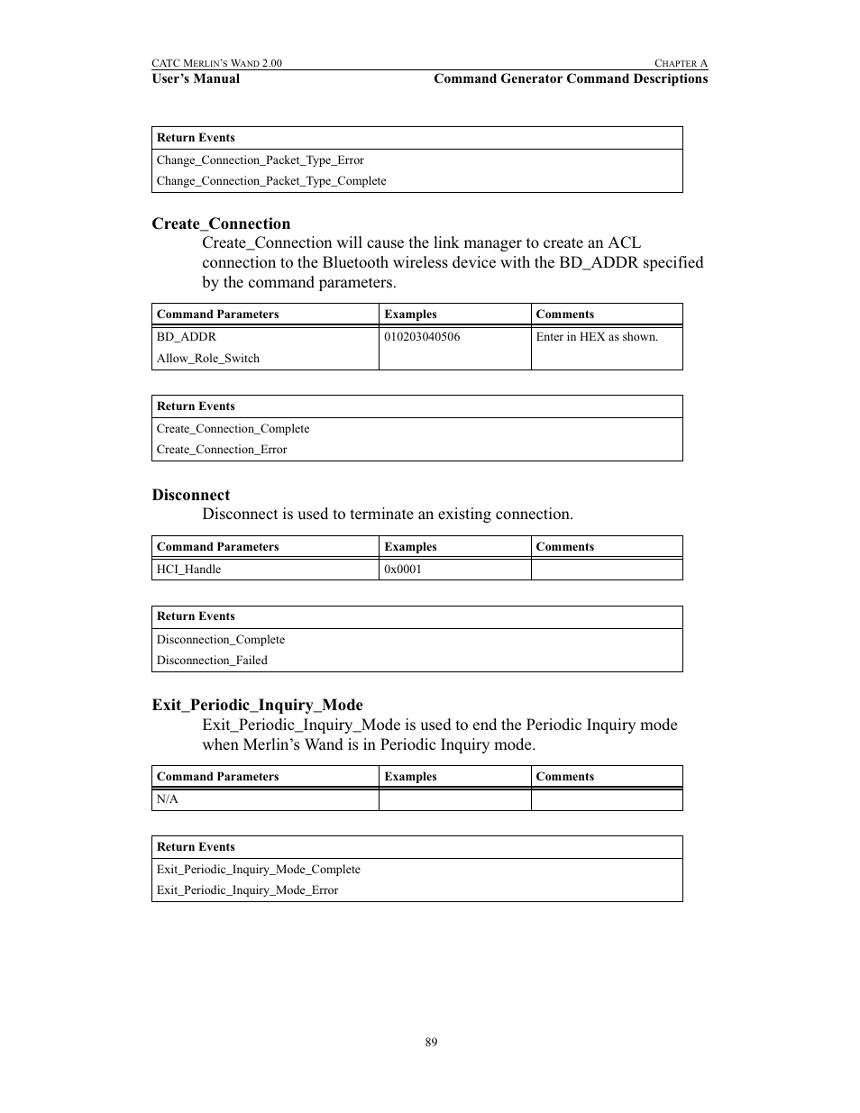 Create_connection, Disconnect, Exit_periodic_inquiry_mode | Teledyne LeCroy Merlins Wand - Users Manual User Manual | Page 105 / 298