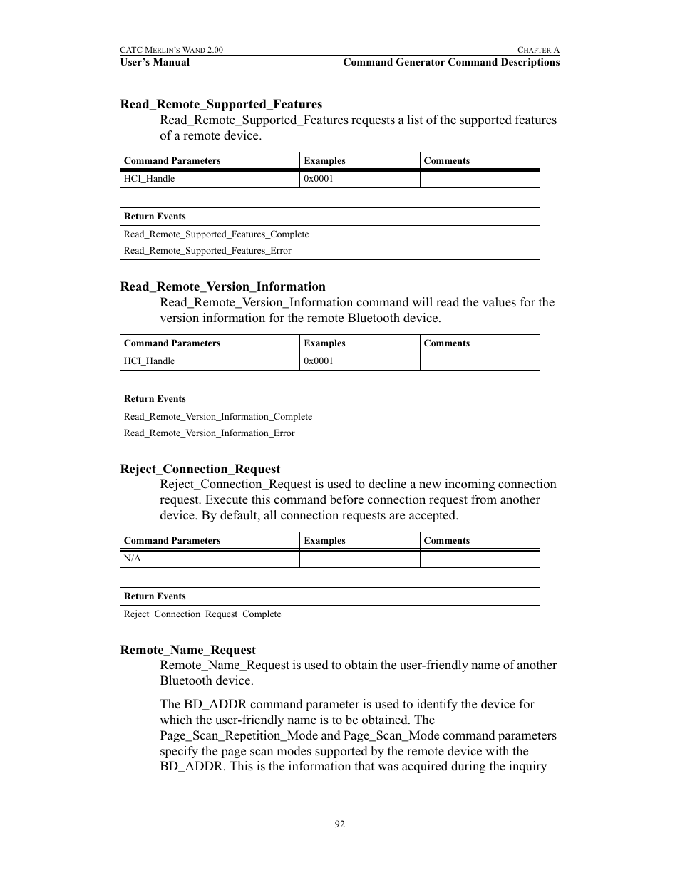 Read_remote_supported_features, Read_remote_version_information, Reject_connection_request | Remote_name_request | Teledyne LeCroy Merlins Wand - Users Manual User Manual | Page 108 / 298
