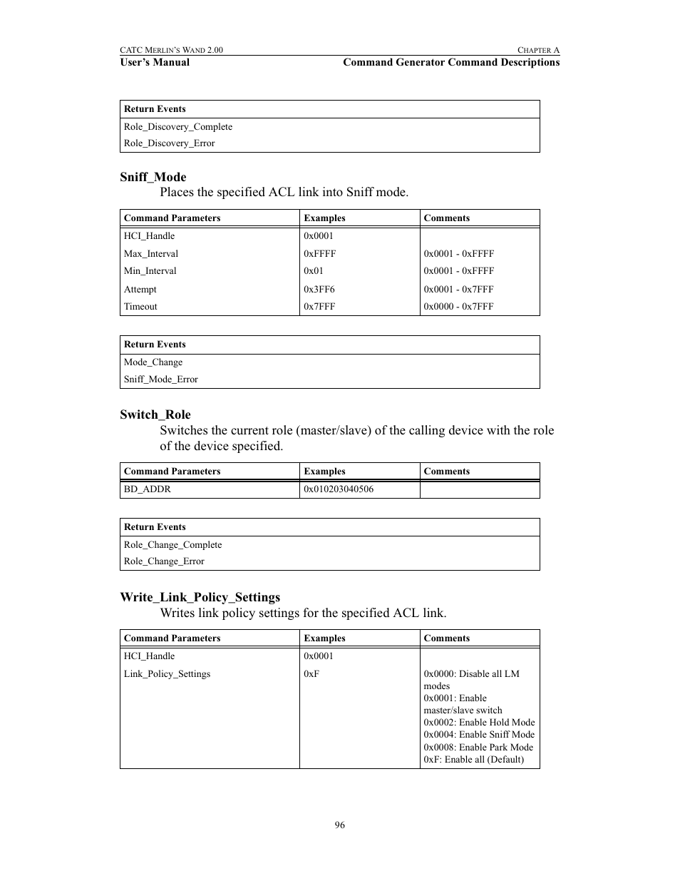 Sniff_mode, Switch_role, Write_link_policy_settings | Sniff_mode switch_role write_link_policy_settings | Teledyne LeCroy Merlins Wand - Users Manual User Manual | Page 112 / 298
